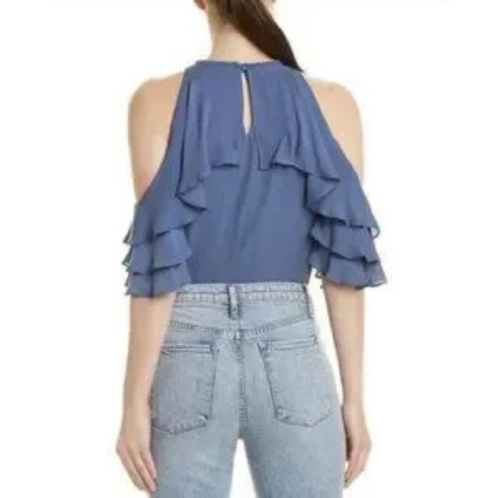 Alice + Olivia Idalla Blue Silk Top Blouse Cold Shoulder Ruffle S MSRP $295